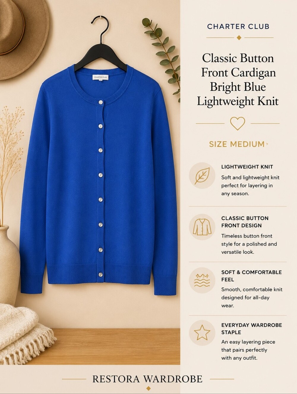 Charter Club Cardigan Cobalt Blue Button Front Cotton Blend M Preppy